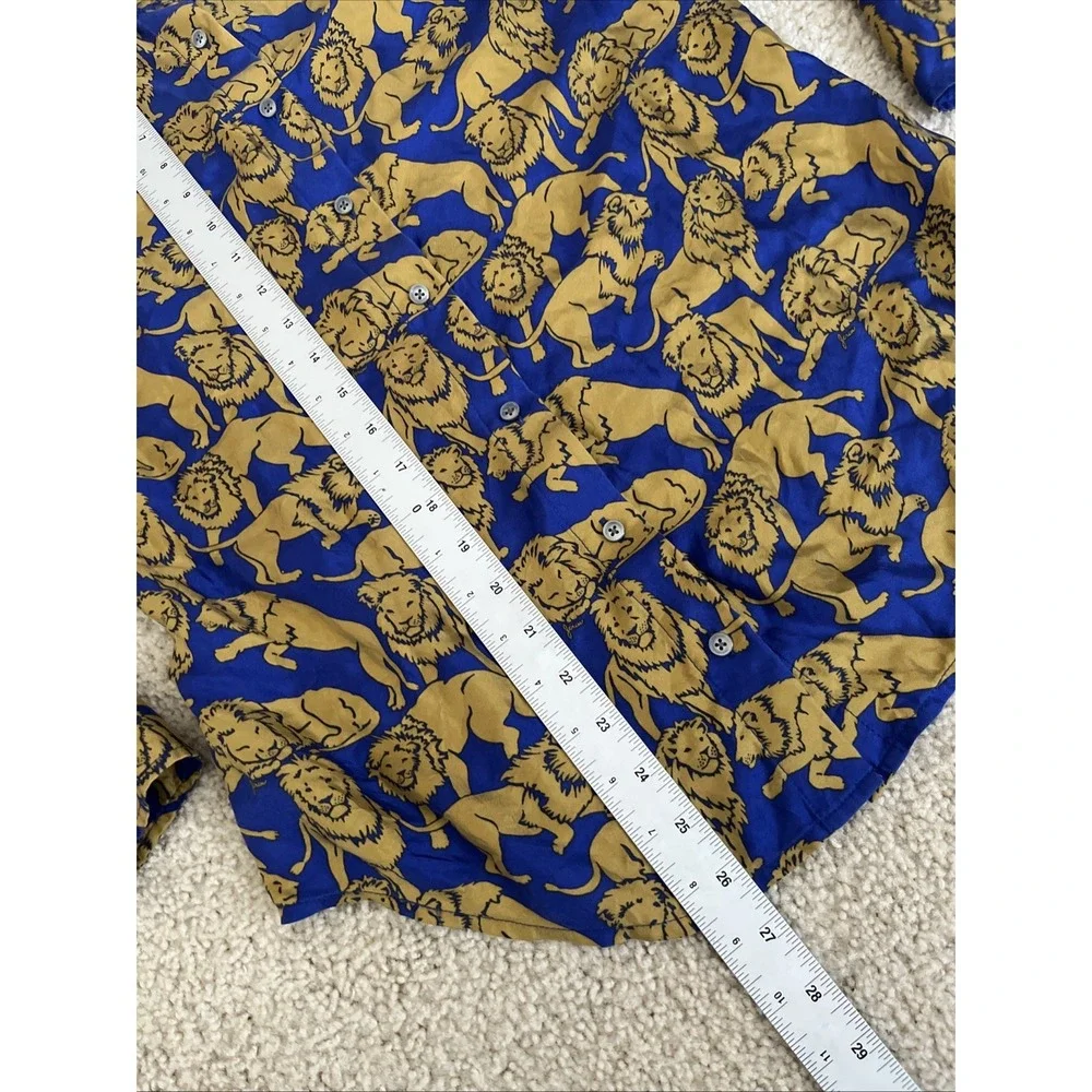 J Crew Collection 100% Silk Sleepy Lions Button Blouse Blue Gold 2